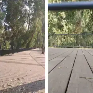 Two photos of a wooden boardwalk, possibly built with בניית דקים or במבוק דק, surrounded by metal railings and trees. Sunlight filters through the leaves scattered on the ground, shown from different angles.